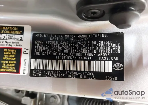 2017 Toyota Camry Le/Xle/Se/Xse from USA, damaged, VIN 4T1BF1FK2HU443644